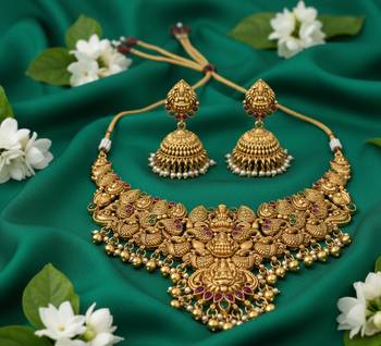 Traditional handcrafted gold-plated temple Necklace :: set with jhumka earrings | ethnic bridal jewelry 2