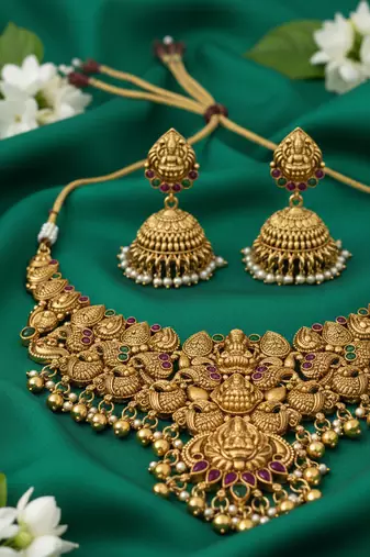 Traditional handcrafted gold-plated temple Necklace :: set with jhumka earrings | ethnic bridal jewelry