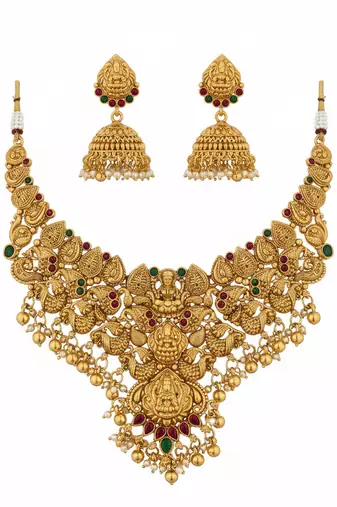 Traditional handcrafted gold-plated temple Necklace :: set with jhumka earrings | ethnic bridal jewelry
