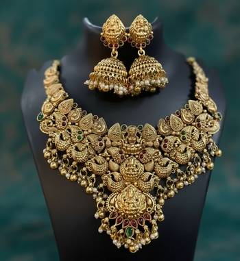 Traditional handcrafted gold-plated temple Necklace :: set with jhumka earrings | ethnic bridal jewelry 4