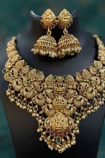 Traditional handcrafted gold-plated temple Necklace :: set with jhumka earrings | ethnic bridal jewelry