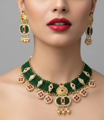 Stunning emerald green polki Necklace :: earring set gold plated ethnic indian jewelry 1
