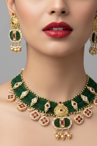Stunning emerald green polki necklace earring set gold plated ethnic indian jewelry
