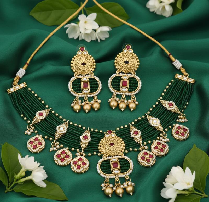 Stunning emerald green polki necklace earring set gold plated ethnic indian jewelry