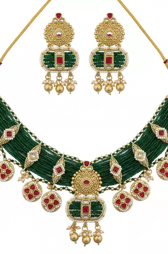 Stunning emerald green polki Necklace :: earring set gold plated ethnic indian jewelry