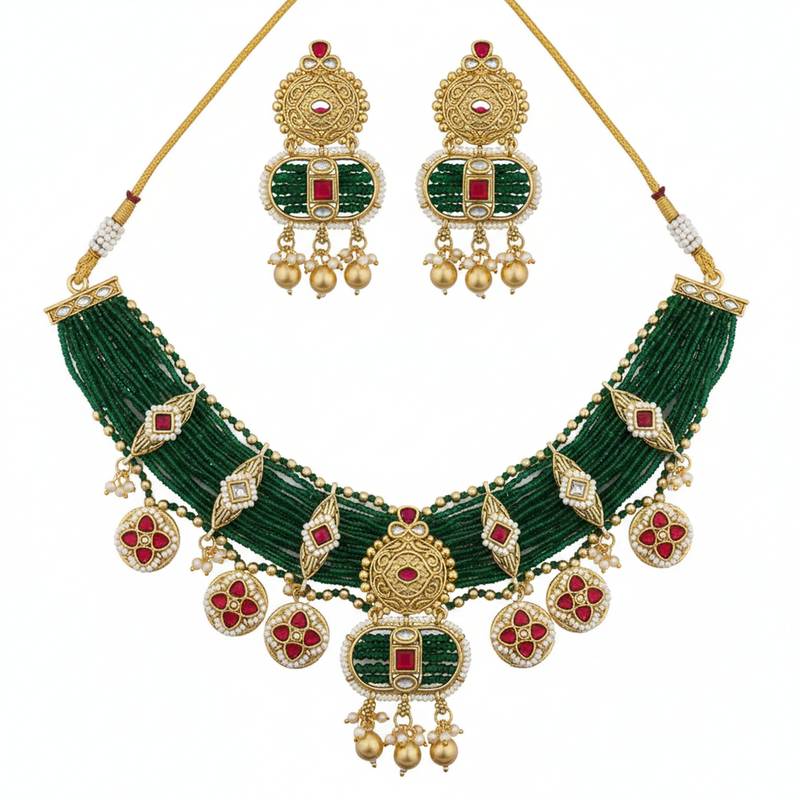 Stunning emerald green polki necklace earring set gold plated ethnic indian jewelry