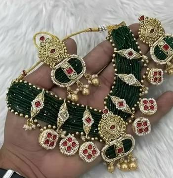 Stunning emerald green polki Necklace :: earring set gold plated ethnic indian jewelry 4