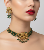 Traditional gold plated elephant necklace set green beads ethnic indian bridal jewelry handcrafted choker earrings