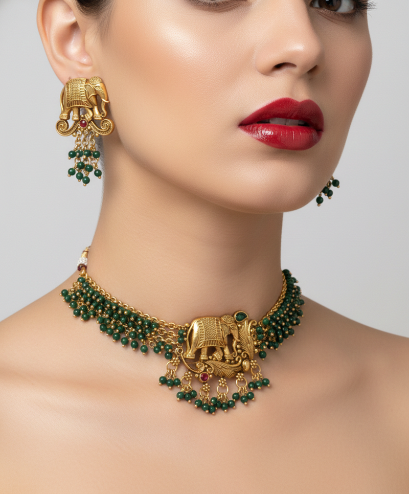 Traditional gold plated elephant necklace set green beads ethnic indian bridal jewelry handcrafted choker earrings