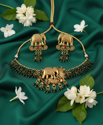Traditional gold plated elephant Necklace :: set green beads ethnic indian bridal jewelry handcrafted choker earrings 2
