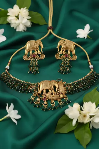 Traditional gold plated elephant Necklace :: set green beads ethnic indian bridal jewelry handcrafted choker earrings