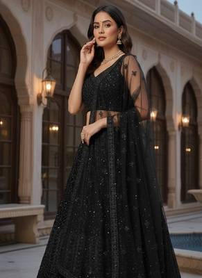 Black Color Dori & Sequins Work Net Lehenga Choli Dupatta Set  1