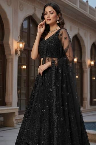 Black Color Dori & Sequins Work Net Lehenga Choli Dupatta Set 