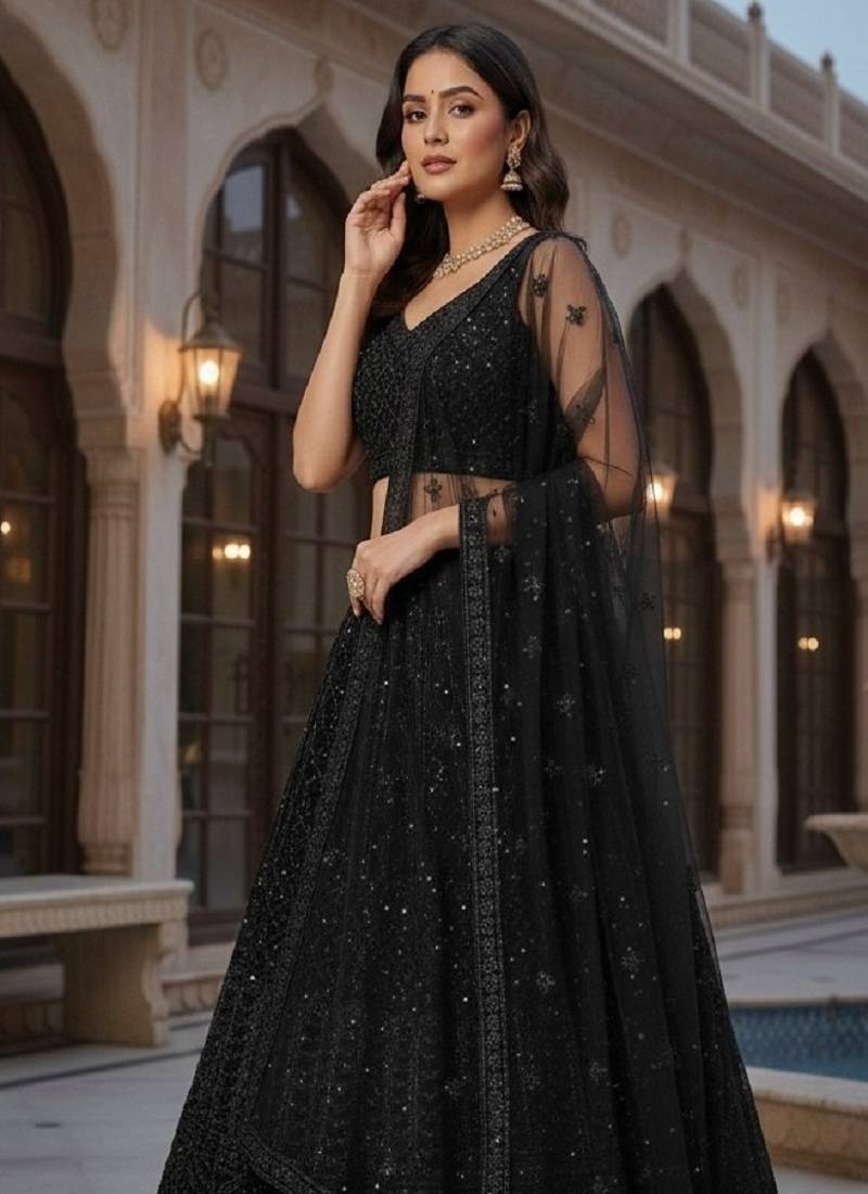 Black Color Dori & Sequins Work Net Lehenga Choli Dupatta Set 