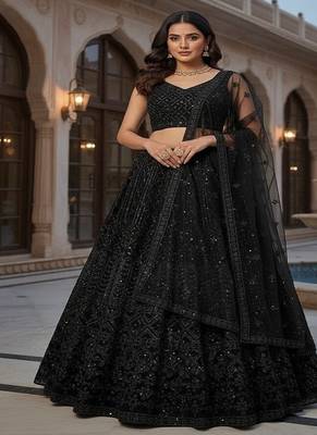 Black Color Dori & Sequins Work Net Lehenga Choli Dupatta Set  2