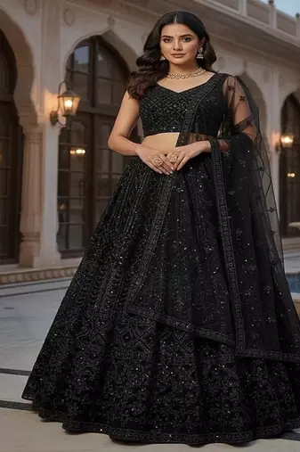 Black Color Dori & Sequins Work Net Lehenga Choli Dupatta Set 
