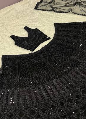 Black Color Dori & Sequins Work Net Lehenga Choli Dupatta Set  3