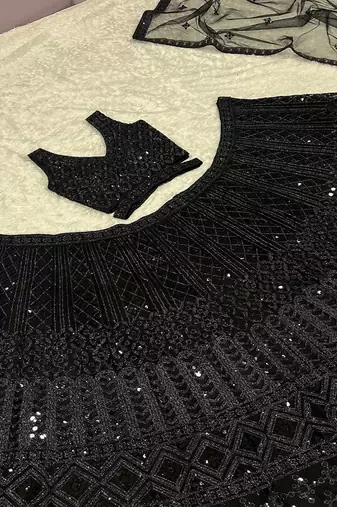 Black Color Dori & Sequins Work Net Lehenga Choli Dupatta Set 