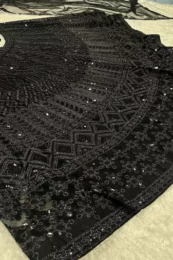 Black Color Dori & Sequins Work Net Lehenga Choli Dupatta Set 