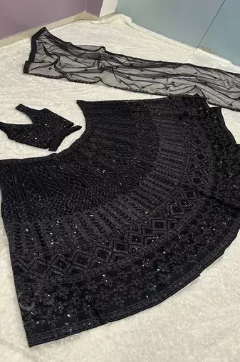 Black Color Dori & Sequins Work Net Lehenga Choli Dupatta Set 