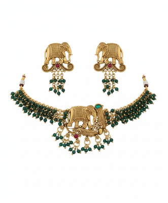 Traditional gold plated elephant Necklace :: set green beads ethnic indian bridal jewelry handcrafted choker earrings 3