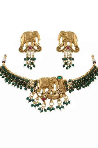 Traditional gold plated elephant Necklace :: set green beads ethnic indian bridal jewelry handcrafted choker earrings