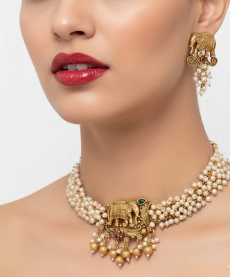 Traditional gold plated elephant Necklace :: set white beads ethnic indian bridal jewelry handcrafted choker earrings 1