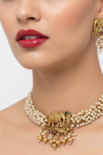 Traditional gold plated elephant necklace set white beads ethnic indian bridal jewelry handcrafted choker earrings