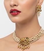 Traditional gold plated elephant necklace set white beads ethnic indian bridal jewelry handcrafted choker earrings