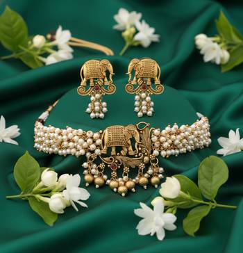 Traditional gold plated elephant Necklace :: set white beads ethnic indian bridal jewelry handcrafted choker earrings 2