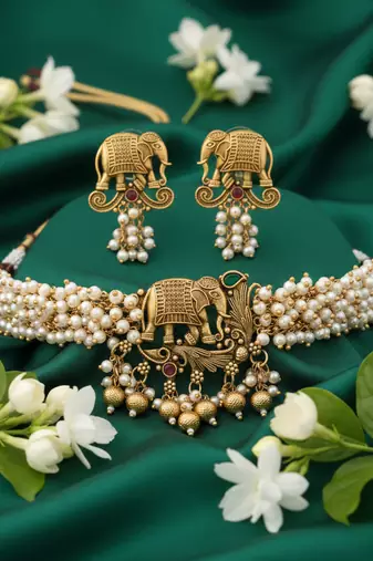 Traditional gold plated elephant Necklace :: set white beads ethnic indian bridal jewelry handcrafted choker earrings