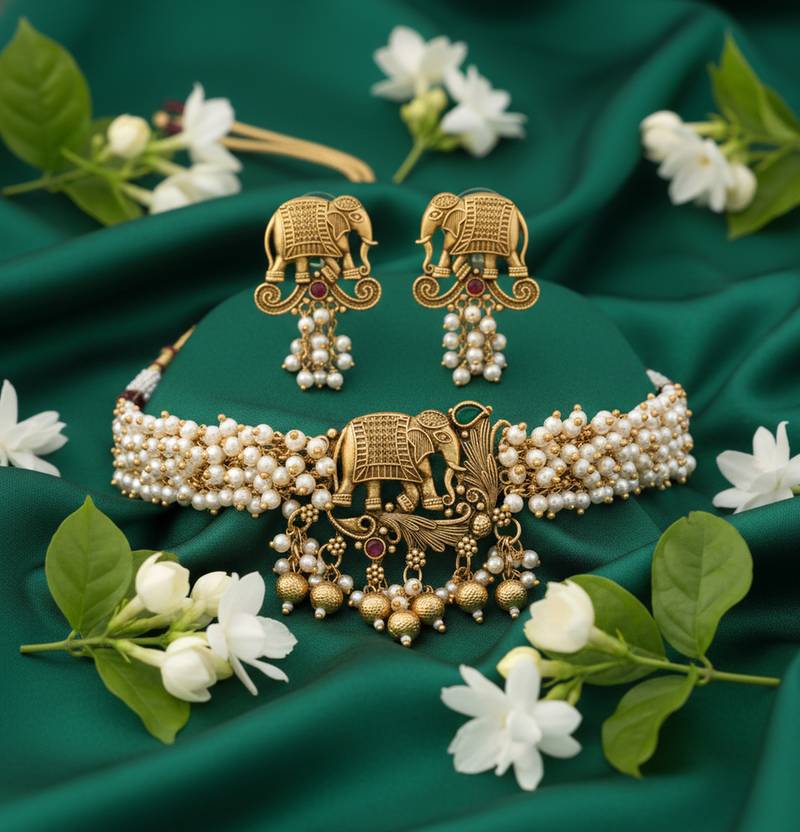 Traditional gold plated elephant necklace set white beads ethnic indian bridal jewelry handcrafted choker earrings