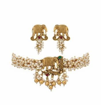 Traditional gold plated elephant Necklace :: set white beads ethnic indian bridal jewelry handcrafted choker earrings 3