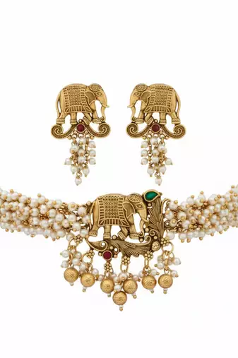 Traditional gold plated elephant Necklace :: set white beads ethnic indian bridal jewelry handcrafted choker earrings