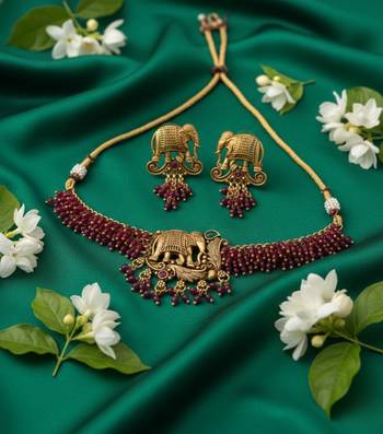 Traditional gold plated elephant Necklace :: set red beads ethnic indian bridal jewelry handcrafted choker earrings 1