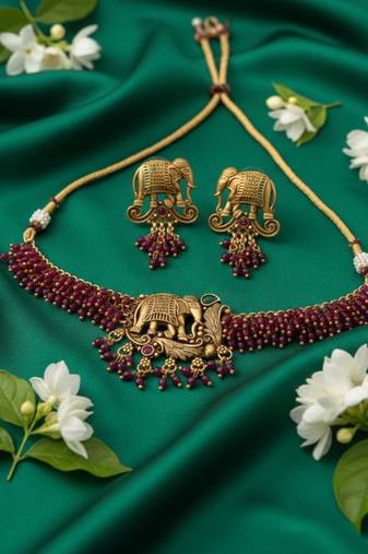 Traditional gold plated elephant necklace set red beads ethnic indian bridal jewelry handcrafted choker earrings