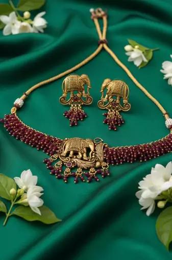 Traditional gold plated elephant necklace set red beads ethnic indian bridal jewelry handcrafted choker earrings