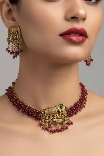Traditional gold plated elephant Necklace :: set red beads ethnic indian bridal jewelry handcrafted choker earrings