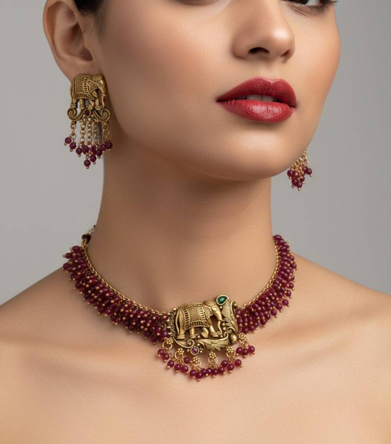 Traditional gold plated elephant necklace set red beads ethnic indian bridal jewelry handcrafted choker earrings
