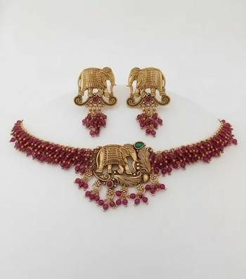 Traditional gold plated elephant Necklace :: set red beads ethnic indian bridal jewelry handcrafted choker earrings 3