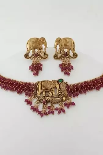 Traditional gold plated elephant Necklace :: set red beads ethnic indian bridal jewelry handcrafted choker earrings