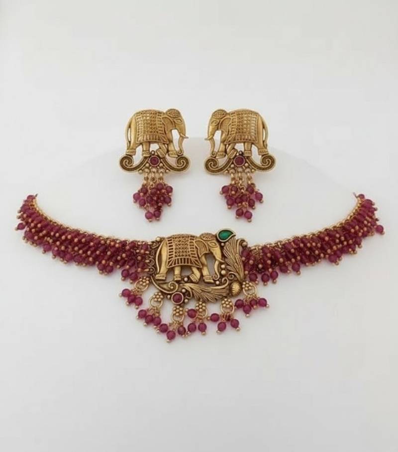 Traditional gold plated elephant necklace set red beads ethnic indian bridal jewelry handcrafted choker earrings
