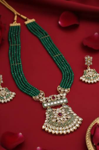 Green beaded kundan necklace earrings set | handcrafted gold plated ethnic jewelry set