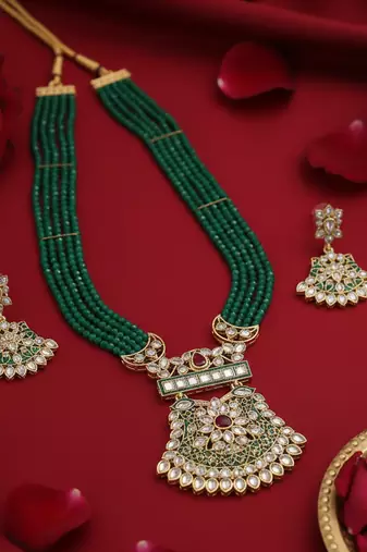 Green beaded kundan necklace earrings set | handcrafted gold plated ethnic jewelry set