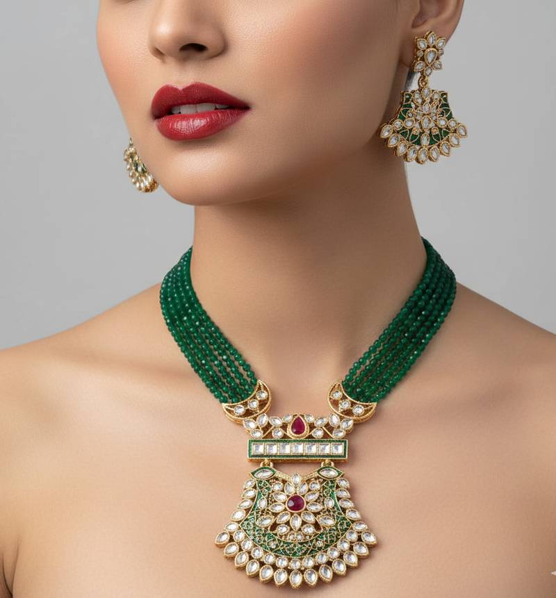 Green beaded kundan necklace earrings set | handcrafted gold plated ethnic jewelry set