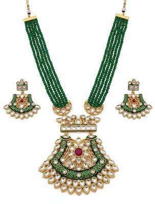Green beaded kundan Necklace :: earrings set | handcrafted gold plated ethnic jewelry set 3