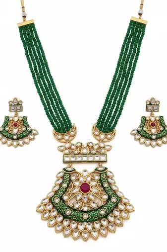 Green beaded kundan Necklace :: earrings set | handcrafted gold plated ethnic jewelry set