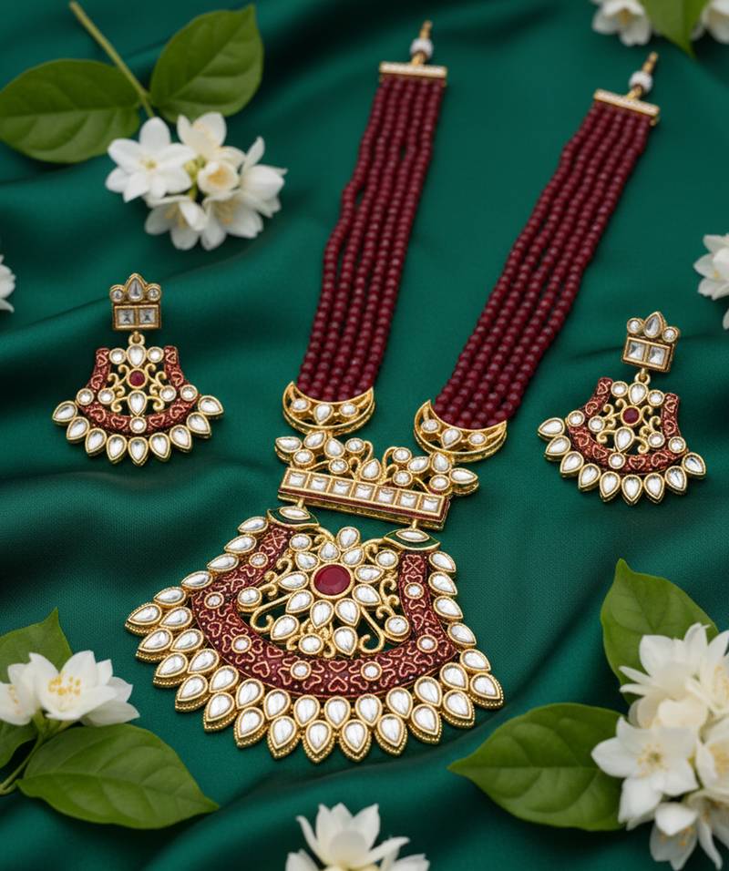 Maroon beaded kundan necklace earrings set | handcrafted gold plated ethnic jewelry set