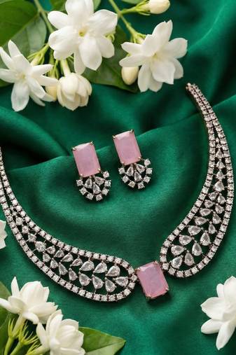 Pink american diamond necklace set | cz crystal party wear jewelry for women