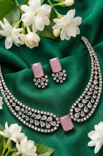 Pink american diamond necklace set | cz crystal party wear jewelry for women